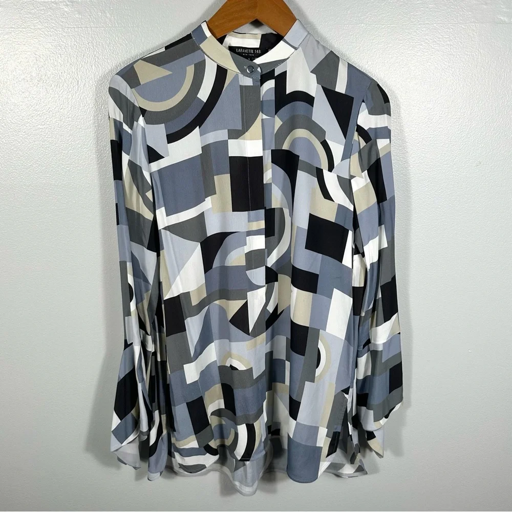 Lafayette 148 New York Scottie Abstract Geometric Blouse Size Small Contemporary - Picture 3 of 14